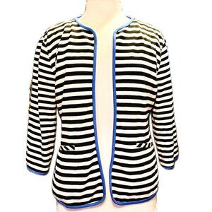 Leslie Stuart Womens Cardigan Striped 3/4 Sleeve Black White Blue Jacket NEW MED